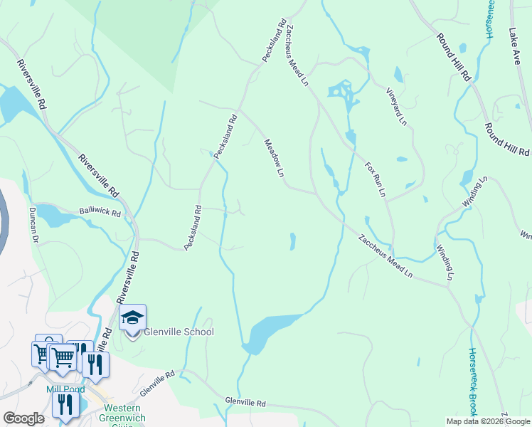 map of restaurants, bars, coffee shops, grocery stores, and more near 14 Meadow Lane in Greenwich