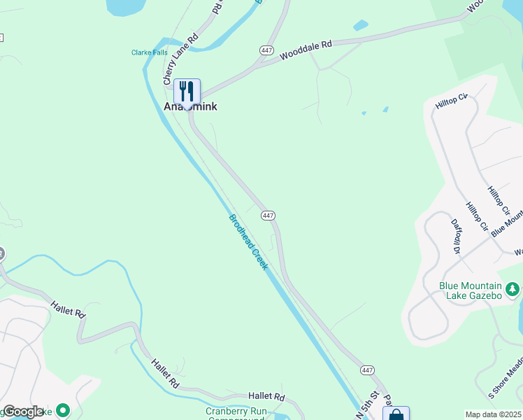 map of restaurants, bars, coffee shops, grocery stores, and more near Rte 447 in East Stroudsburg
