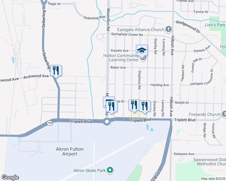 map of restaurants, bars, coffee shops, grocery stores, and more near 548 Baldwin Road in Akron