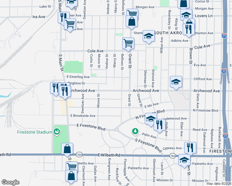 map of restaurants, bars, coffee shops, grocery stores, and more near 187 East Mapledale Avenue in Akron