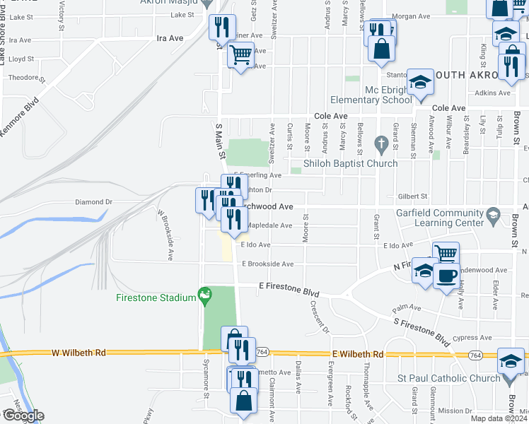 map of restaurants, bars, coffee shops, grocery stores, and more near 65 East Mapledale Avenue in Akron