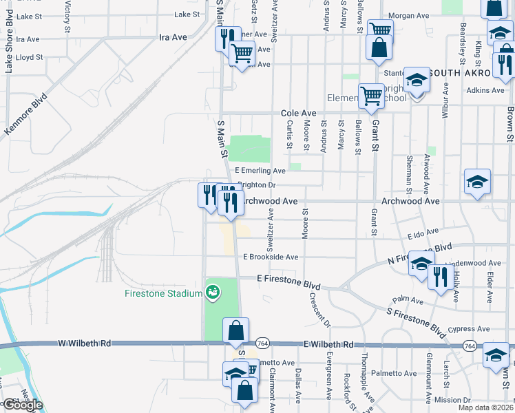 map of restaurants, bars, coffee shops, grocery stores, and more near 19 East Mapledale Avenue in Akron