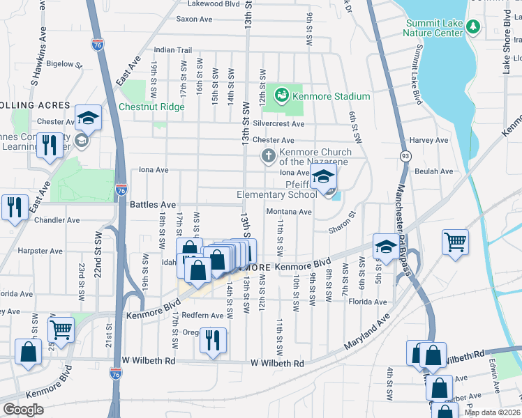 map of restaurants, bars, coffee shops, grocery stores, and more near 2114 12th Street Southwest in Akron