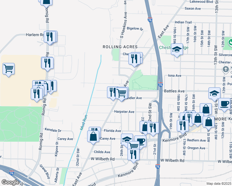 map of restaurants, bars, coffee shops, grocery stores, and more near 1245 Chandler Avenue in Akron