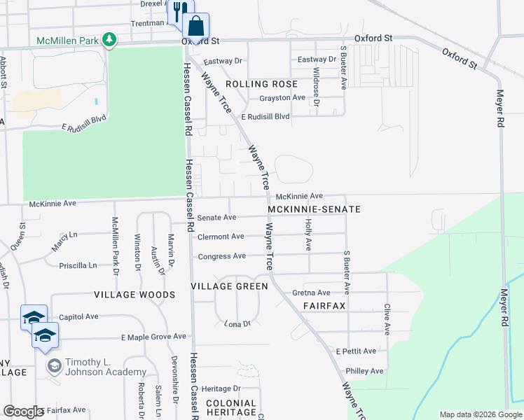 map of restaurants, bars, coffee shops, grocery stores, and more near 3520 Senate Avenue in Fort Wayne