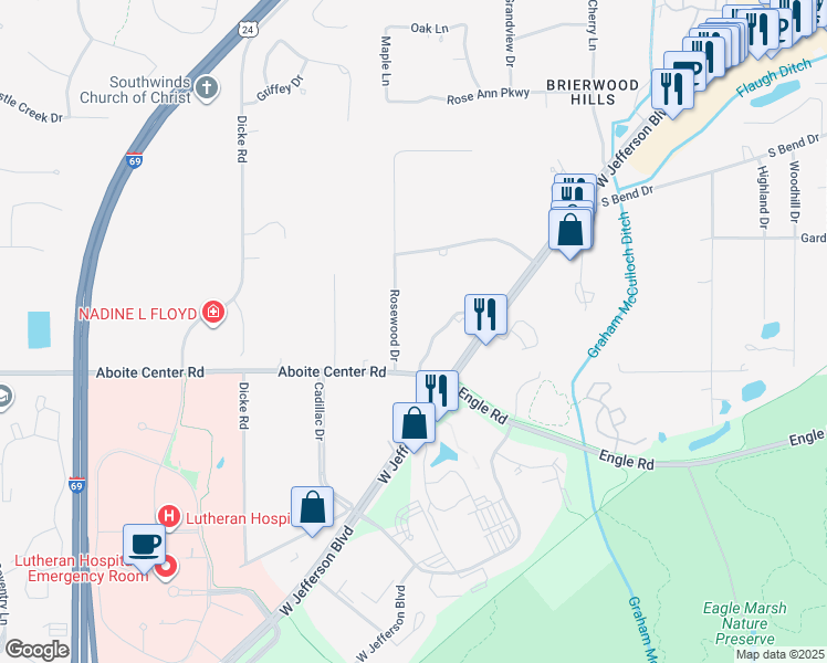 map of restaurants, bars, coffee shops, grocery stores, and more near 4180 Sage Bluff Crossing in Fort Wayne