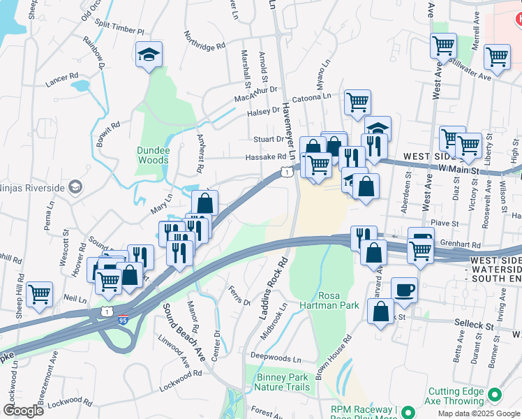 map of restaurants, bars, coffee shops, grocery stores, and more near 1800 East Putnam Avenue in Greenwich