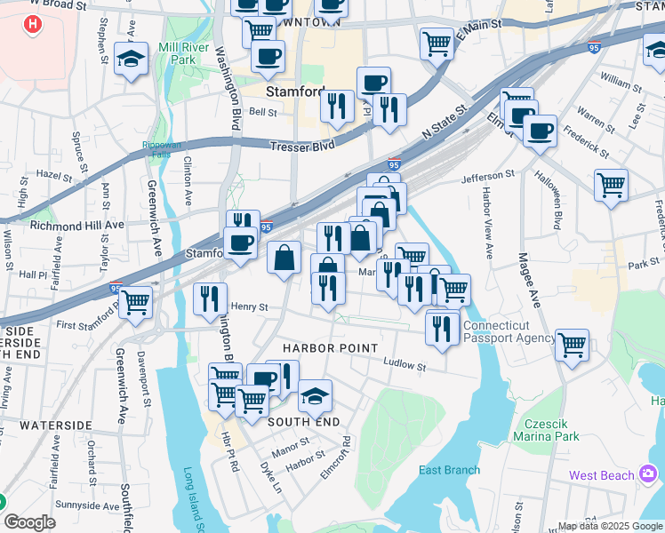 map of restaurants, bars, coffee shops, grocery stores, and more near 111 Towne Street in Stamford