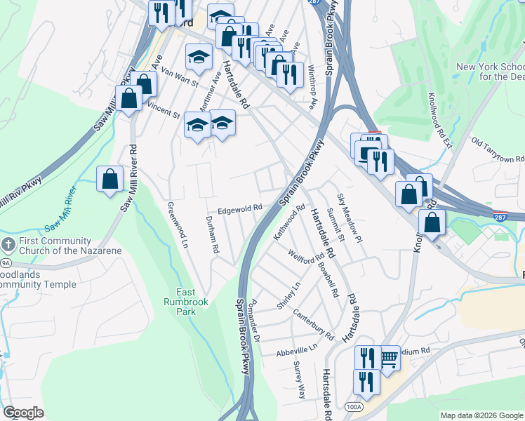 map of restaurants, bars, coffee shops, grocery stores, and more near 105 Wellford Road in White Plains