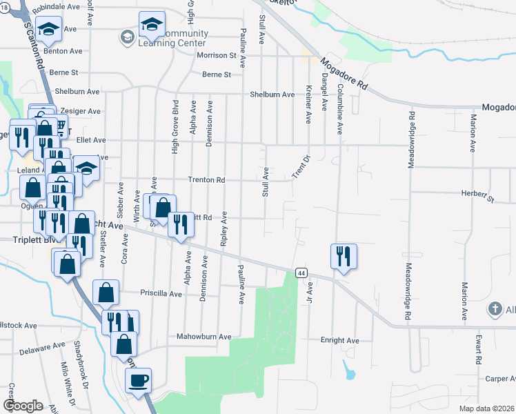 map of restaurants, bars, coffee shops, grocery stores, and more near 2937 Pitt Road in Akron