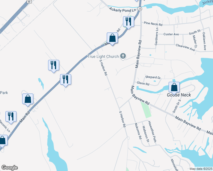 map of restaurants, bars, coffee shops, grocery stores, and more near 1360 South Harbor Road in Southold