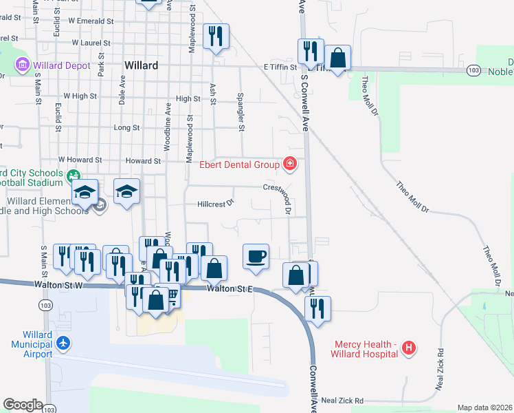 map of restaurants, bars, coffee shops, grocery stores, and more near 7 Ridgewood Drive in Willard