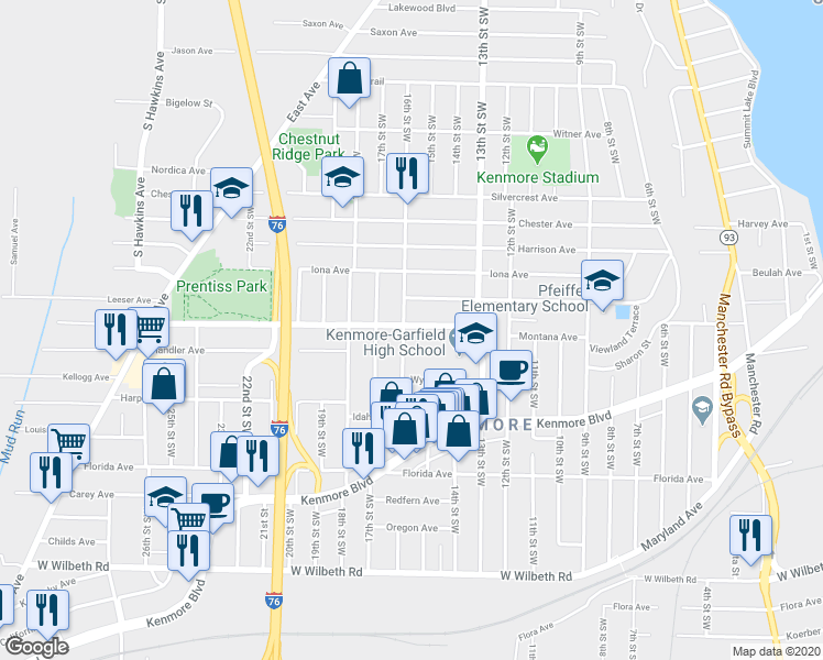 map of restaurants, bars, coffee shops, grocery stores, and more near 2099 16th Street Southwest in Akron