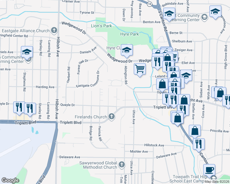 map of restaurants, bars, coffee shops, grocery stores, and more near 620 Caine Road in Akron