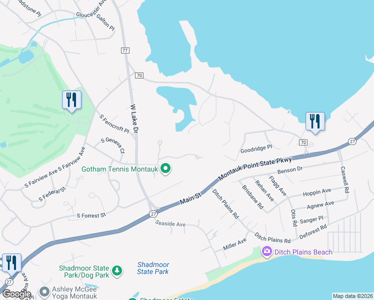 map of restaurants, bars, coffee shops, grocery stores, and more near 21 South Fulton Drive in Montauk