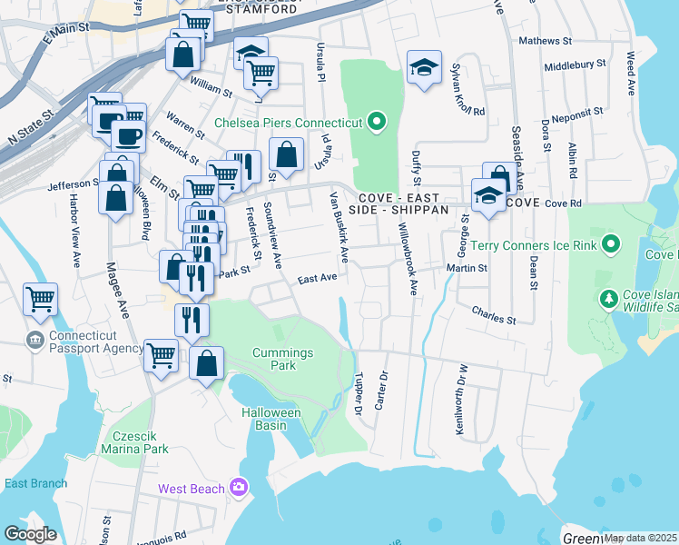 map of restaurants, bars, coffee shops, grocery stores, and more near 45 East Avenue in Stamford