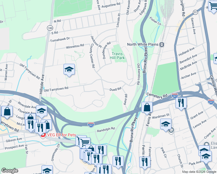 map of restaurants, bars, coffee shops, grocery stores, and more near 69 Duell Road in White Plains