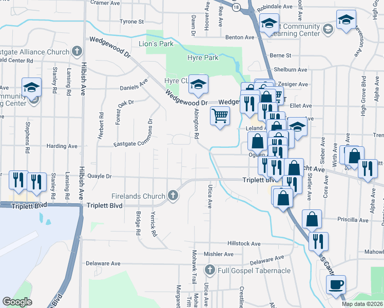 map of restaurants, bars, coffee shops, grocery stores, and more near 2405 Albrecht Avenue in Akron