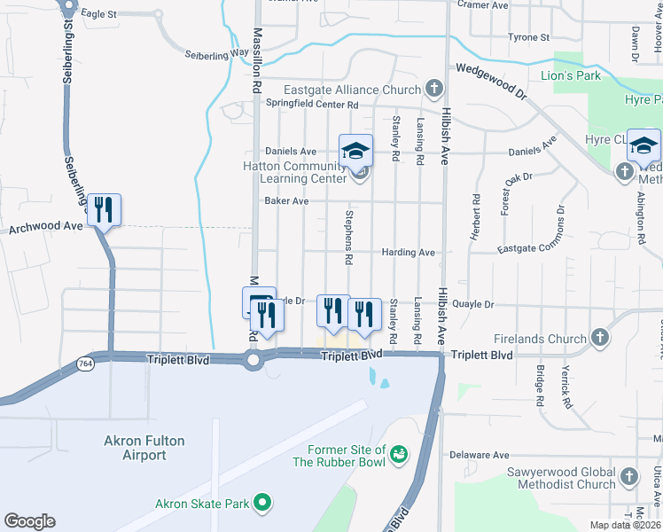 map of restaurants, bars, coffee shops, grocery stores, and more near 565 Fulmer Avenue in Akron