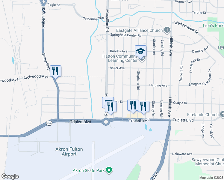 map of restaurants, bars, coffee shops, grocery stores, and more near 548 Baldwin Road in Akron