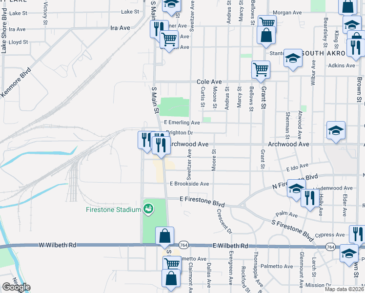 map of restaurants, bars, coffee shops, grocery stores, and more near 65 East Mapledale Avenue in Akron