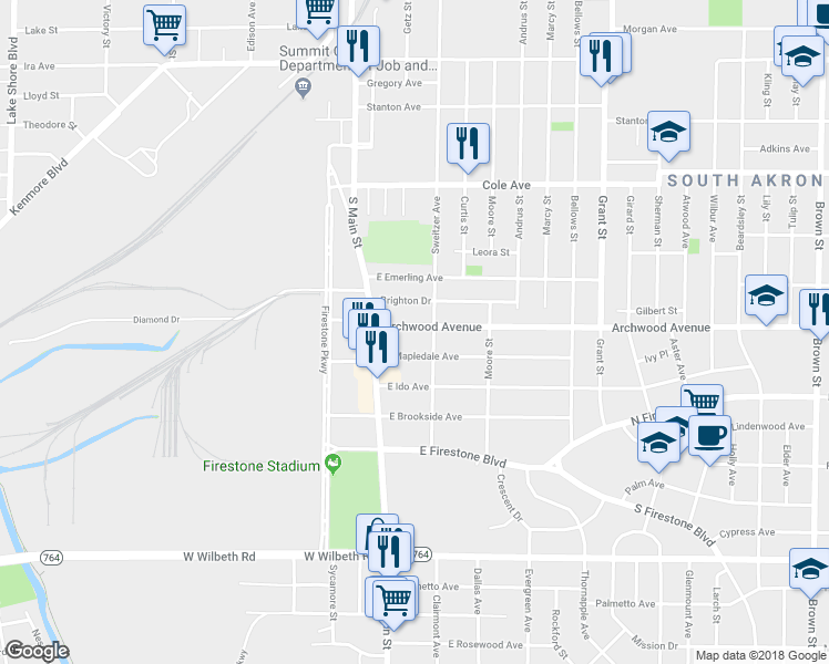 map of restaurants, bars, coffee shops, grocery stores, and more near 19 East Mapledale Avenue in Akron