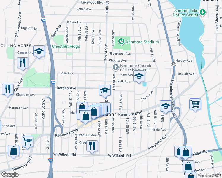 map of restaurants, bars, coffee shops, grocery stores, and more near 2114 12th Street Southwest in Akron