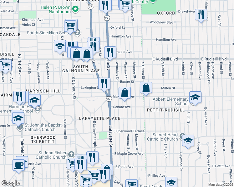 map of restaurants, bars, coffee shops, grocery stores, and more near 504 McKinnie Avenue in Fort Wayne