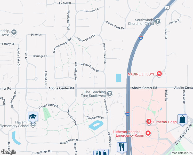 map of restaurants, bars, coffee shops, grocery stores, and more near 8820 Aboite Center Road in Fort Wayne