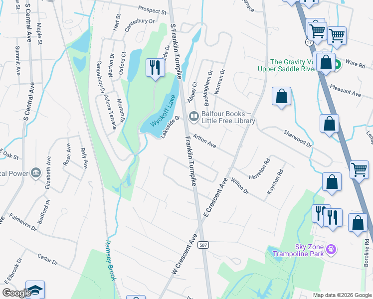 map of restaurants, bars, coffee shops, grocery stores, and more near 977 Franklin Turnpike in Allendale