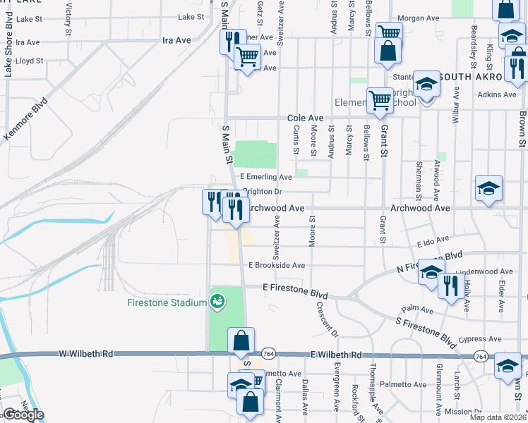 map of restaurants, bars, coffee shops, grocery stores, and more near 42 East Archwood Avenue in Akron