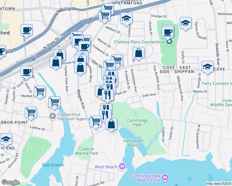 map of restaurants, bars, coffee shops, grocery stores, and more near 361 Shippan Avenue in Stamford