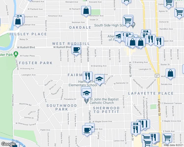 map of restaurants, bars, coffee shops, grocery stores, and more near 446 Lexington Avenue in Fort Wayne