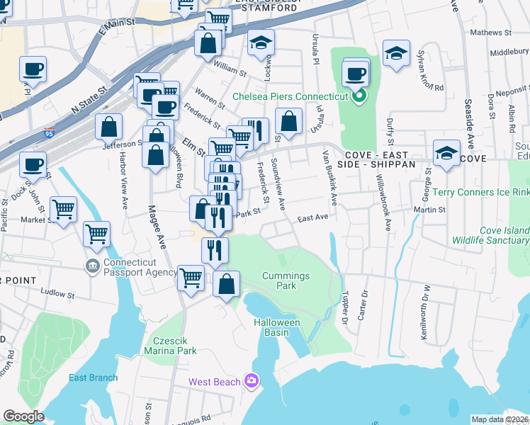 map of restaurants, bars, coffee shops, grocery stores, and more near 2 Owen Street in Stamford