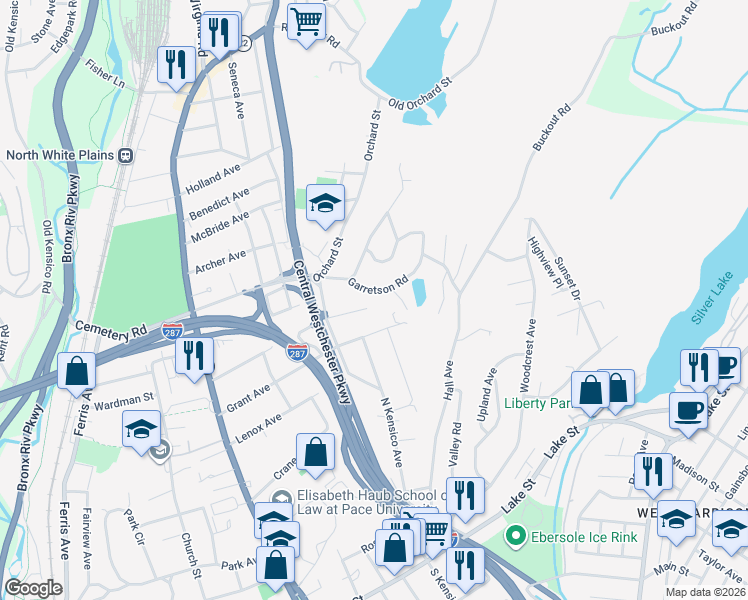 map of restaurants, bars, coffee shops, grocery stores, and more near 149 Clinton Street in White Plains