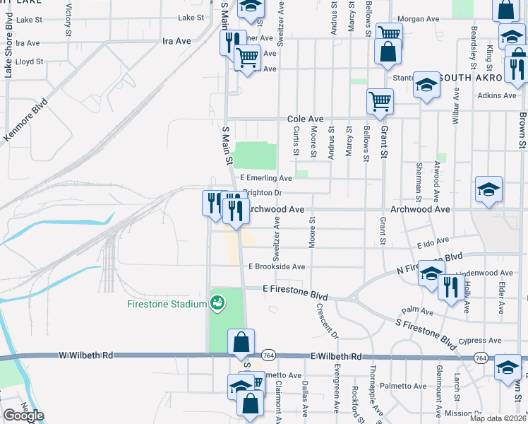 map of restaurants, bars, coffee shops, grocery stores, and more near 19 East Mapledale Avenue in Akron