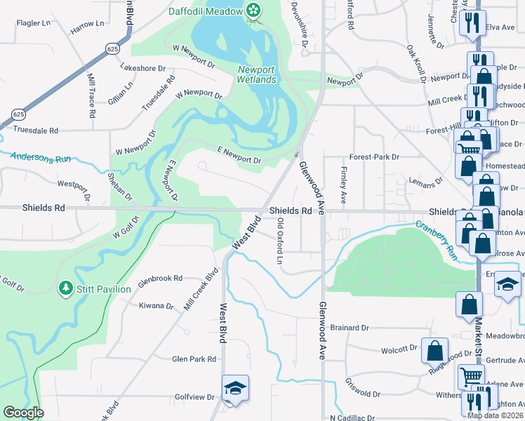 map of restaurants, bars, coffee shops, grocery stores, and more near Shields Rd & West Blvd in Boardman