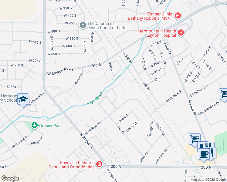 map of restaurants, bars, coffee shops, grocery stores, and more near 698 Farmland Drive in Kaysville