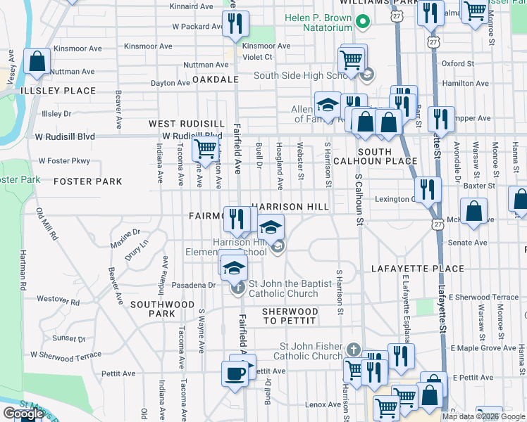 map of restaurants, bars, coffee shops, grocery stores, and more near 4209 Buell Drive in Fort Wayne