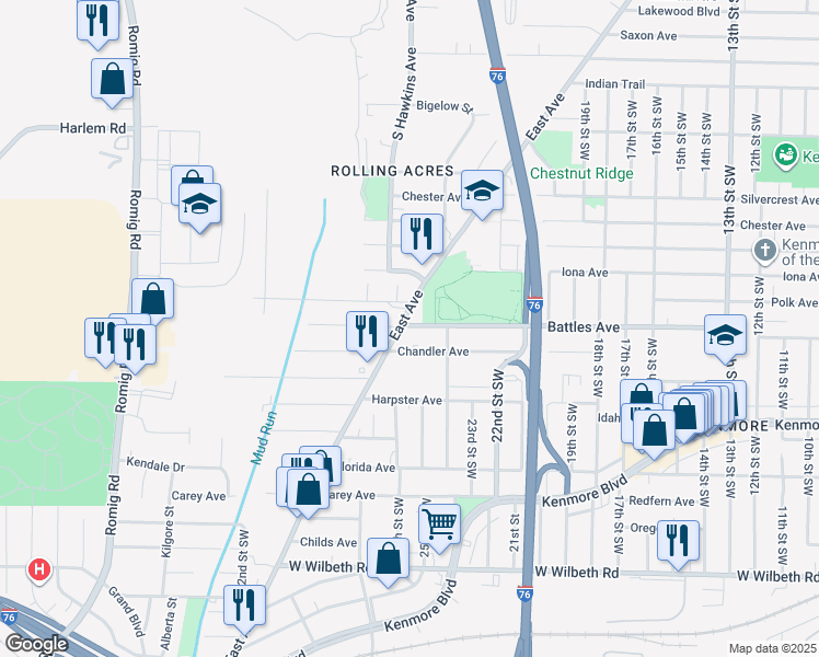 map of restaurants, bars, coffee shops, grocery stores, and more near 1174 Battles Ave in Akron