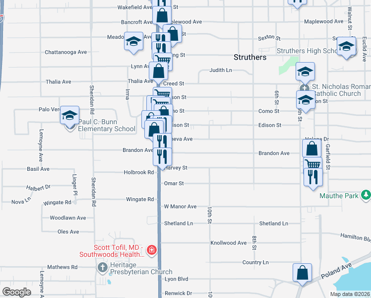 map of restaurants, bars, coffee shops, grocery stores, and more near 590 Brandon Avenue in Struthers