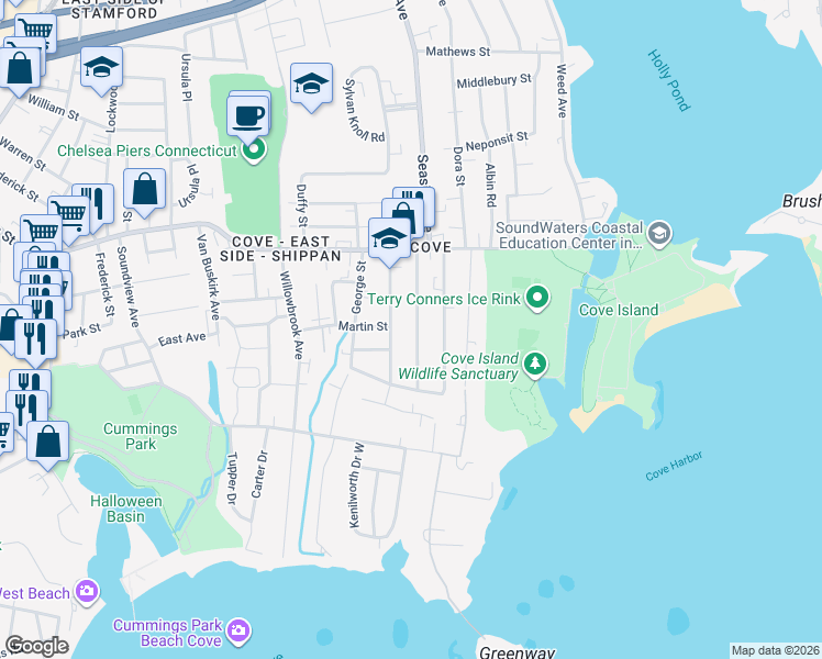 map of restaurants, bars, coffee shops, grocery stores, and more near 86 Horton Street in Stamford