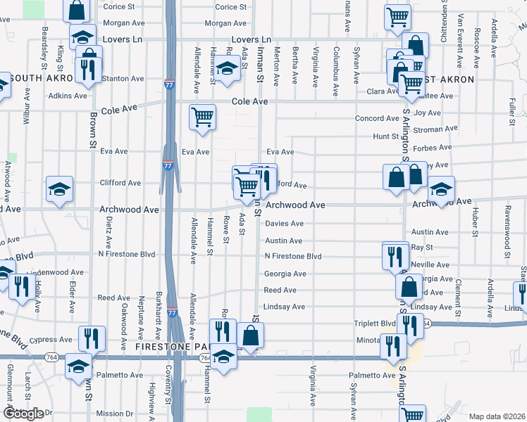 map of restaurants, bars, coffee shops, grocery stores, and more near 760 East Archwood Avenue in Akron
