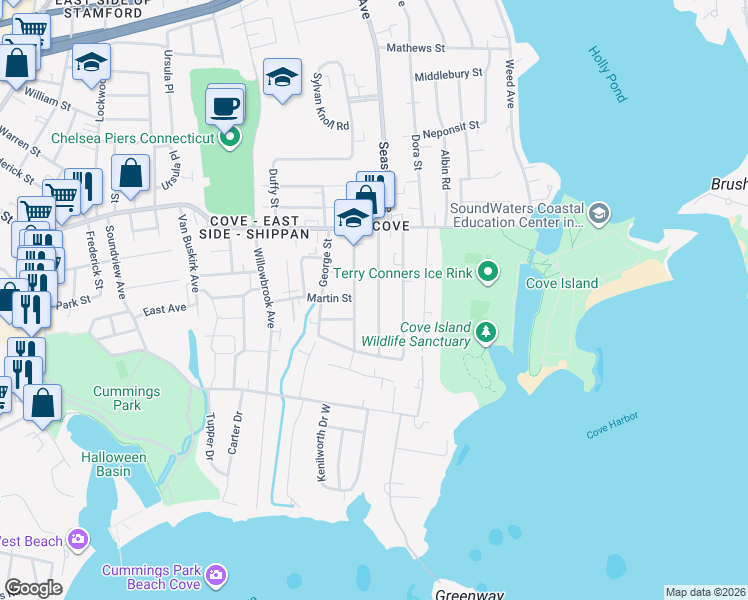 map of restaurants, bars, coffee shops, grocery stores, and more near 86 Horton Street in Stamford