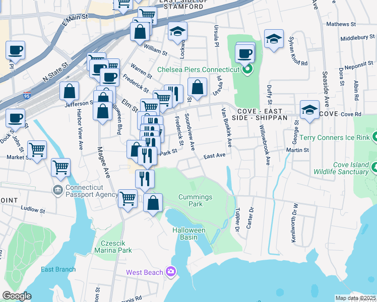map of restaurants, bars, coffee shops, grocery stores, and more near 2 Owen Street in Stamford