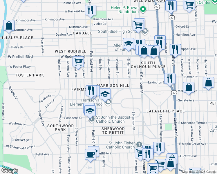map of restaurants, bars, coffee shops, grocery stores, and more near 4209 Hoagland Avenue in Fort Wayne
