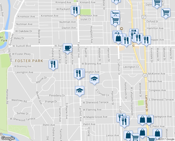 map of restaurants, bars, coffee shops, grocery stores, and more near 4209 Buell Drive in Fort Wayne