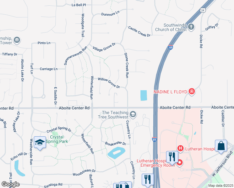 map of restaurants, bars, coffee shops, grocery stores, and more near 8820 Aboite Center Road in Fort Wayne