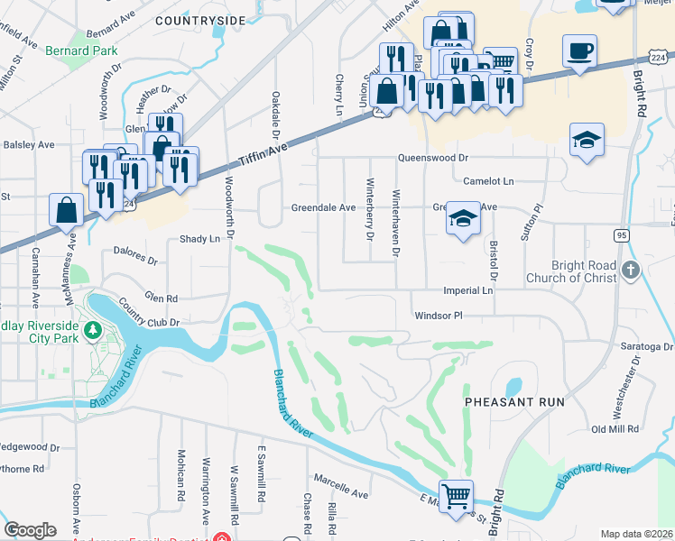 map of restaurants, bars, coffee shops, grocery stores, and more near 515 Canterbury Drive in Findlay