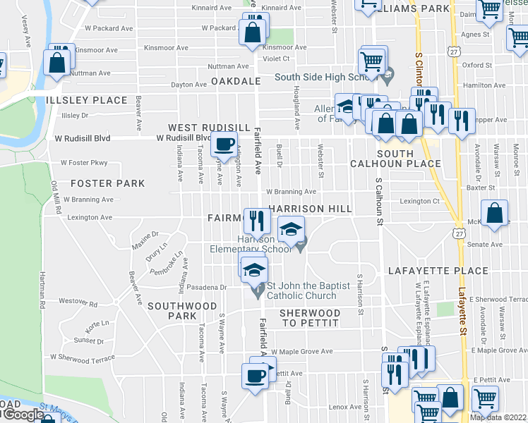 map of restaurants, bars, coffee shops, grocery stores, and more near 4131 Fairfield Avenue in Fort Wayne